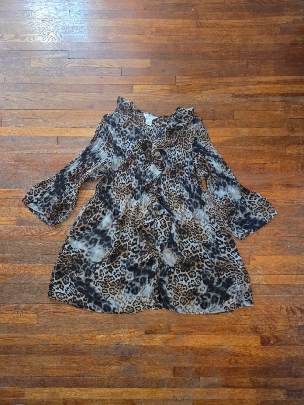 Allison Taylor Women Y2K Sheer Grey Leopard Print Button Front Long Sleeve Dress